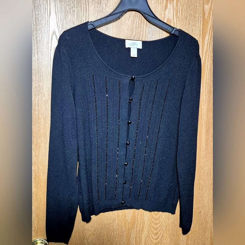 Loft Ann Taylor Black Sparkle Beaded Soft Lightweight Cardigan Large